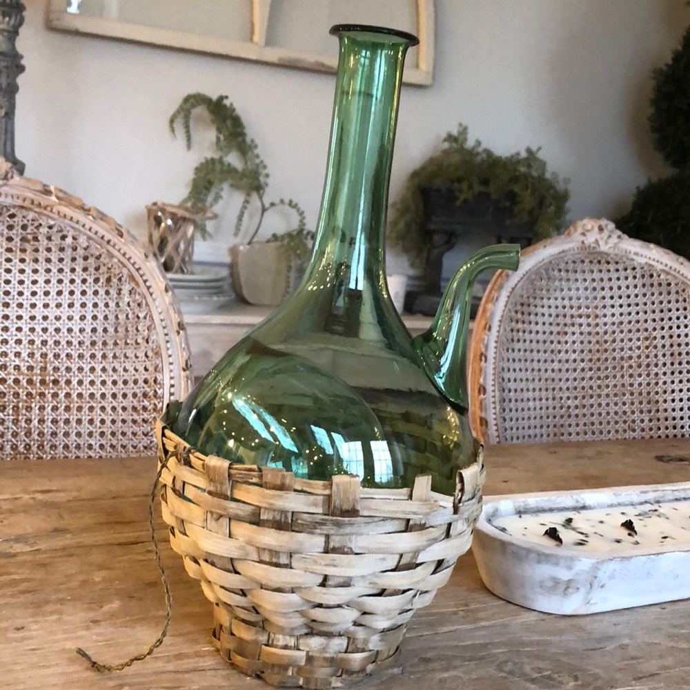 Mid-Century Hand-Blown Italian Green Glass Wine Decanter Ice chamber